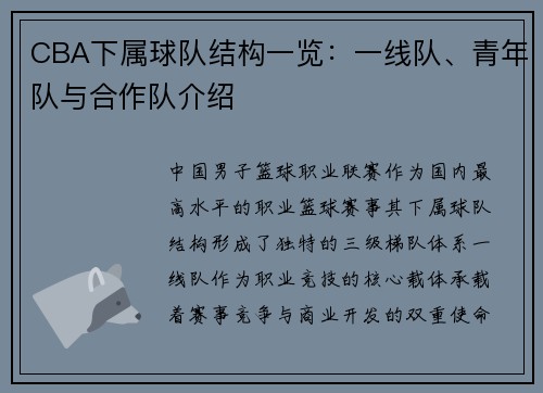 CBA下属球队结构一览：一线队、青年队与合作队介绍